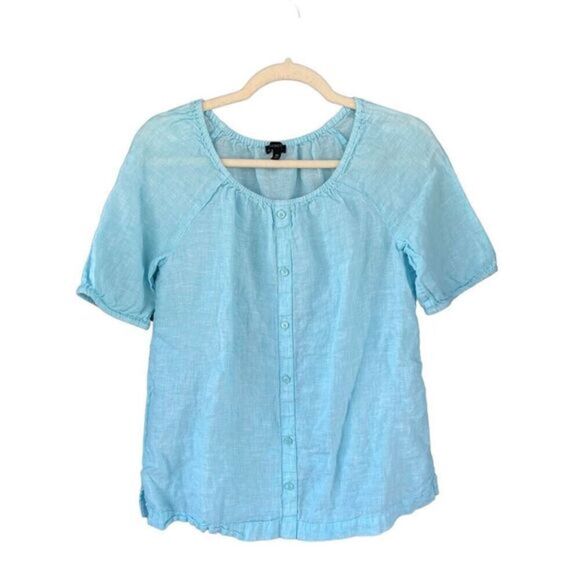1696 Talbots‎ Aqua 100% Linen Short Sleeve Button Up Shirt Size XS - Picture 1 of 4